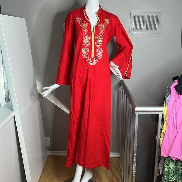Long Sz M-L 100% Cotton Red Gold Thread Long Tunic Dress Side Pockets - Picture 4 of 5